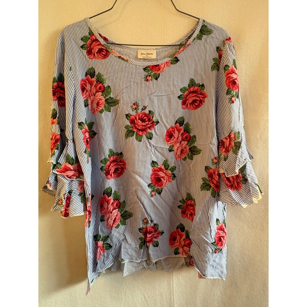 Free Kisses Womens XL Blue White Striped Floral Rose Ruffle Bell Sleeve Blouse